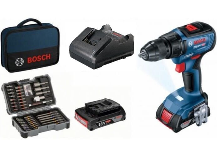 Bosch GSR 18V-50 (2x2Ah) Çift Akülü Delme/Vidalama (BEZ ÇANTALI) + 43Pc Vidalama Seti - 06019H5004