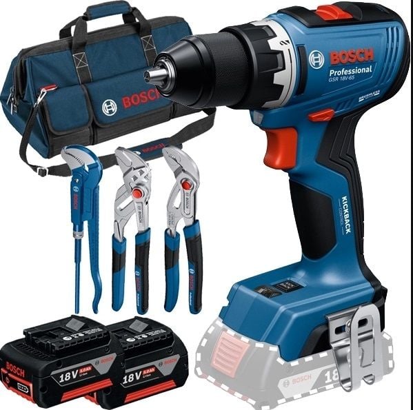 Bosch GSR 18V-65 (2X5Ah) Çift Akülü Delme Vidalama Makinesi + 3Pc Anahtar Setli - 0615A5007J