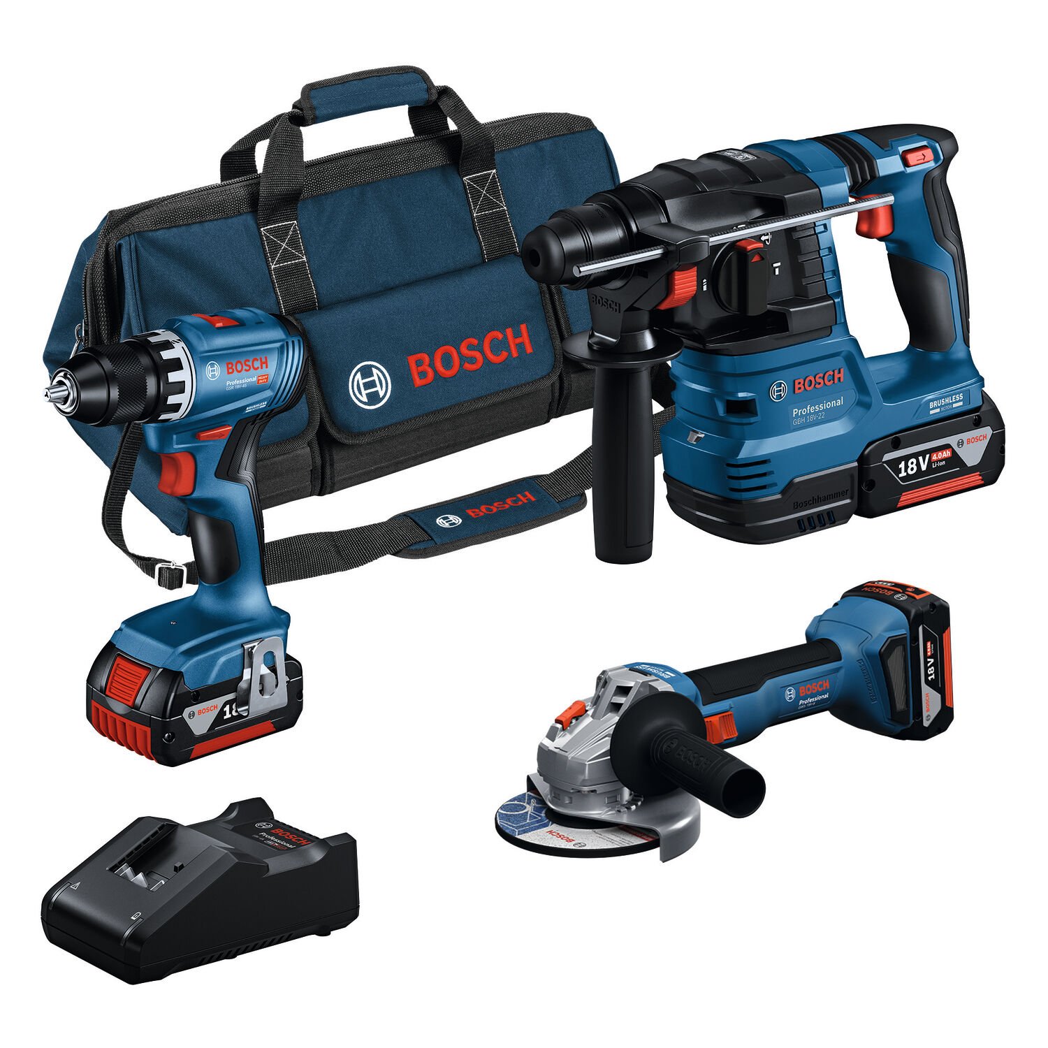 Bosch GBH 18V-22 + GSR 18V-45 + GWS 18v-8 (3lü Set) + Bez Çanta + 3X4Ah Akülü Set - 0615A5007L